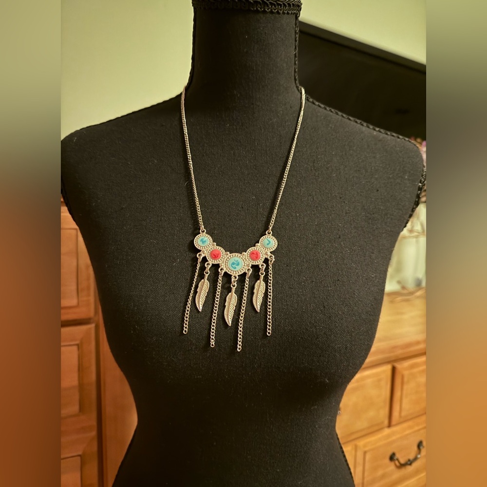 Bohemian Silver Necklace with Red and Blue Accents